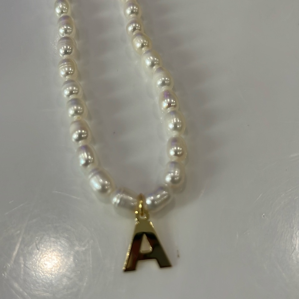 ELEMENTS “A” Gold & FRESHWATER Pearl Necklace Stamped 9.25 Sterling Silver
